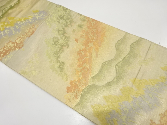 JAPANESE KIMONO / ANTIQUE FUKURO OBI / SILK / WOVEN DISTANT MOUNTAINS & TREES